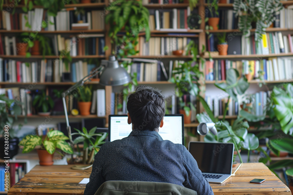 A man is sitting at a desk with a laptop and a desktop computer