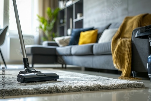 A vacuum cleaner is in a living room with a gray couch and yellow pillows