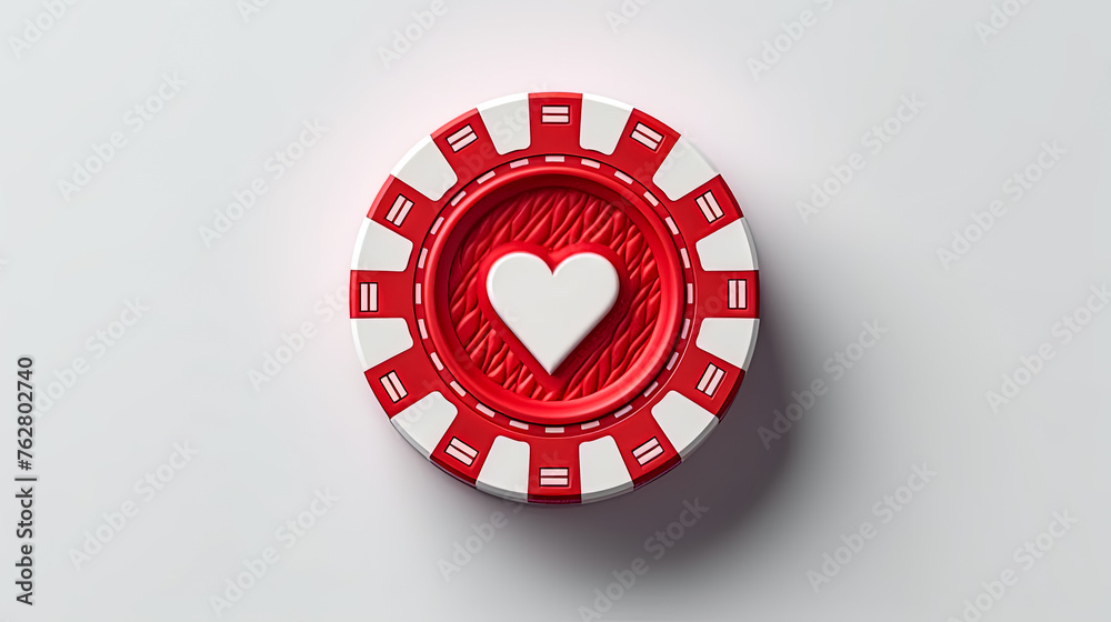 A red and white casino chip with a heart on it A red and white casino chip with a heart on it