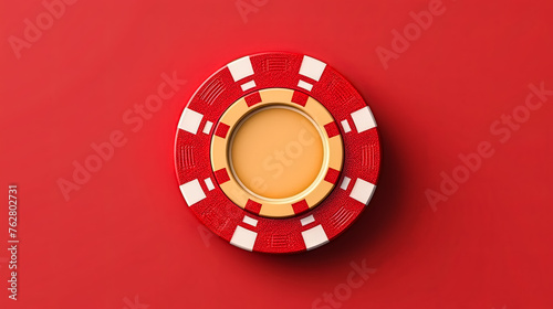 A red and white poker chip with a hole in the middle. The red and white color scheme gives the image a fun and playful mood