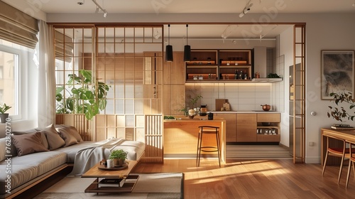 Cozy studio apartment with Japandi style sliding partita