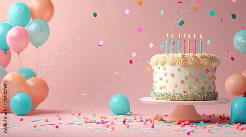 Joyful Birthday Celebration with Pastel Colors  Cake  Candles  Balloons and Confetti Decorations