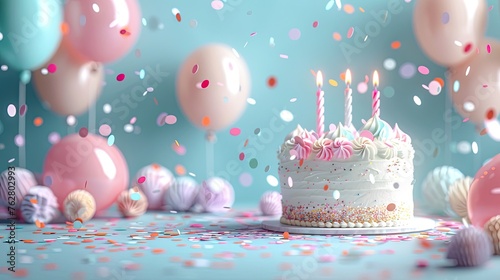 Joyful Birthday Celebration with Pastel Colors  Cake  Candles  Balloons and Confetti Decorations