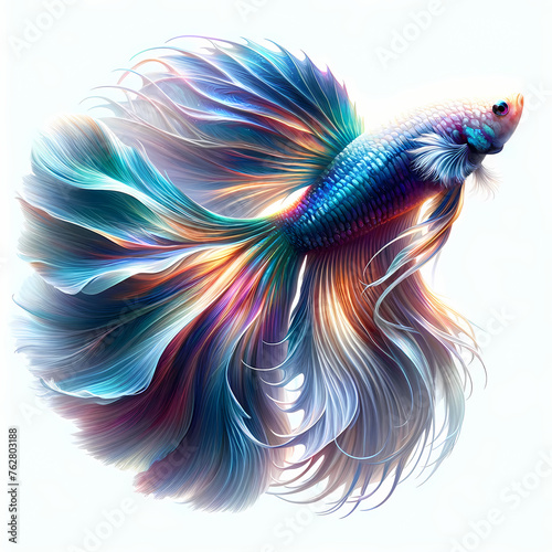 A picture of a full-body betta fish, glowing with vibrant, iridescent colors against a white background. The betta fish is depicted in stunning detail, from its flowing, delicate fins © bteeranan