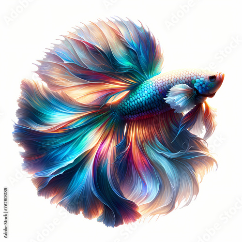 Picture of a betta fish, full body, glowing with beautiful color, white background.