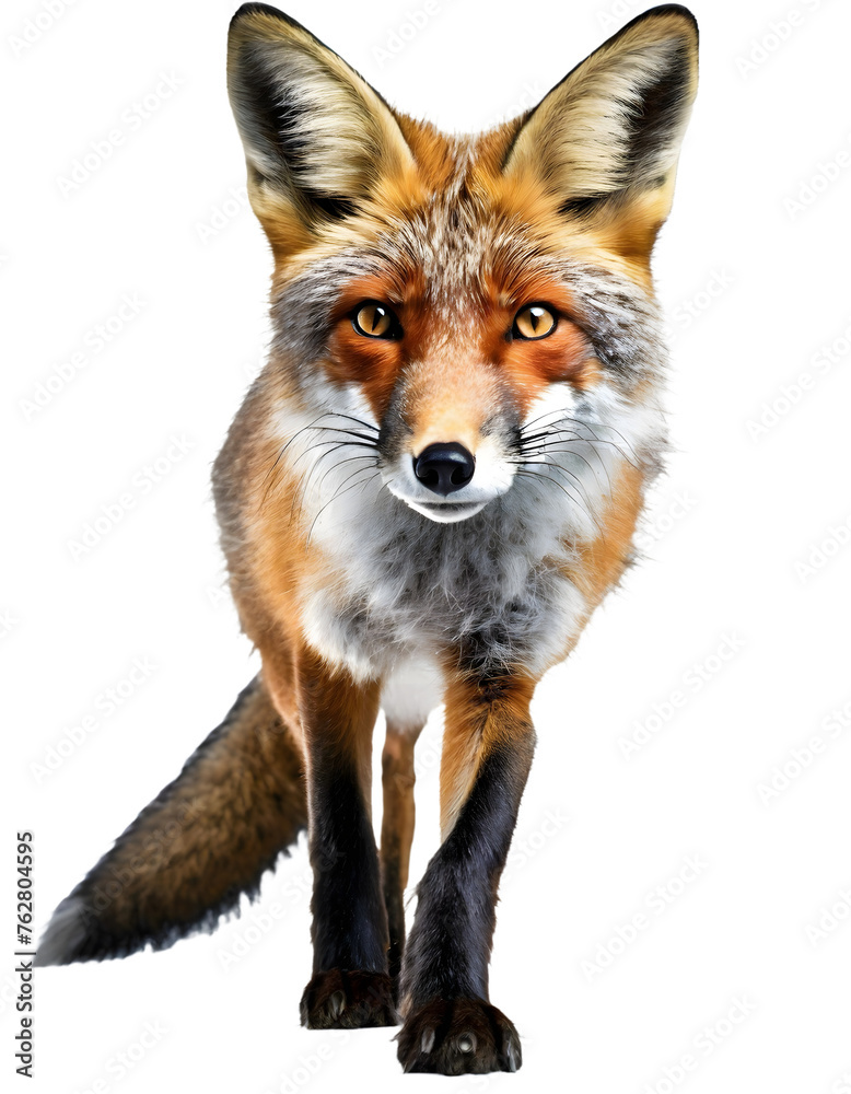Fototapeta premium red fox vulpes, walking pose isolated on white transparent background with clipping path, for printing and web page design, sticker, png transparent.