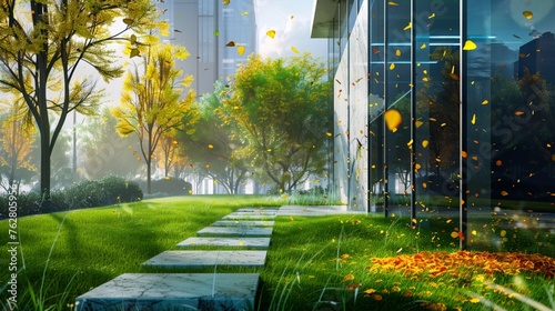 A picturesque green lawn leading up to a contemporary building adorned with sleek glass panels, the tranquil ambiance accentuated by the gentle rustle of leaves and distant city sounds