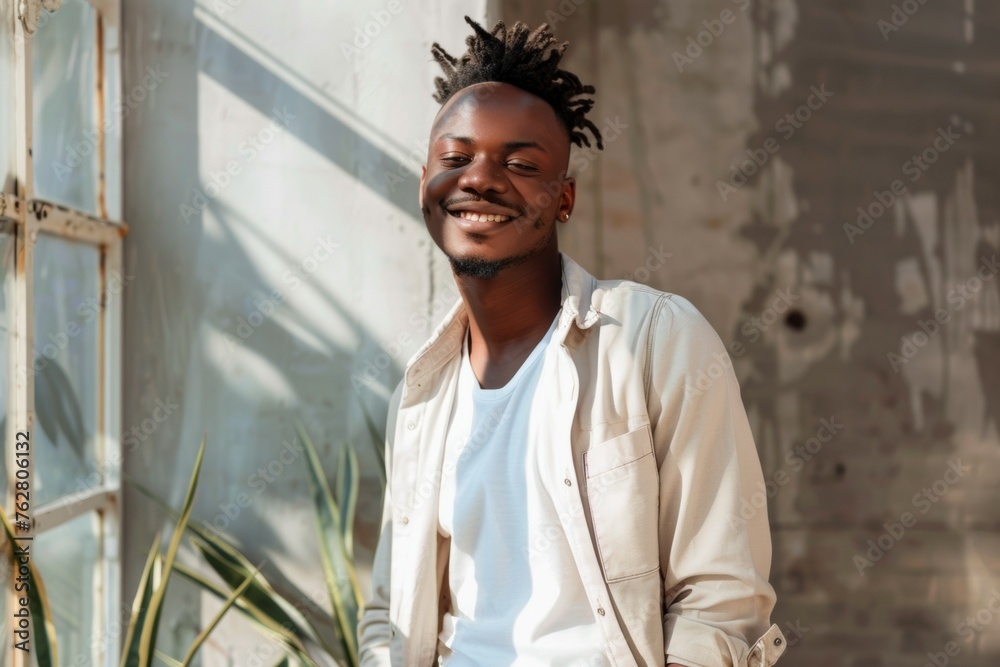 A man with dreadlocks is smiling and wearing a white shirt
