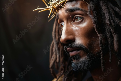 A man with dreadlocks and a crown of thorns on his head