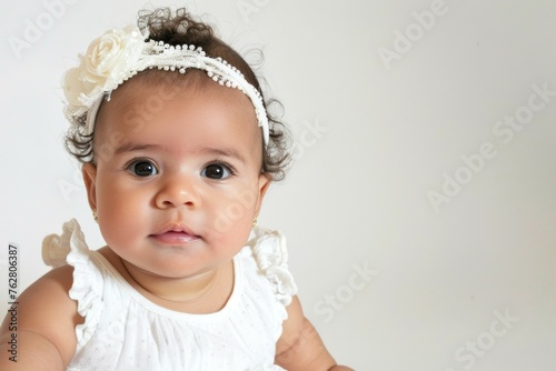 A baby girl wearing a white dress and a white flower headband