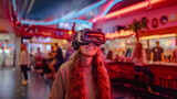 Teenagers wearing virtual reality glasses in shopping mall, futuristic world. The girl is happy and smiling. generative ai.