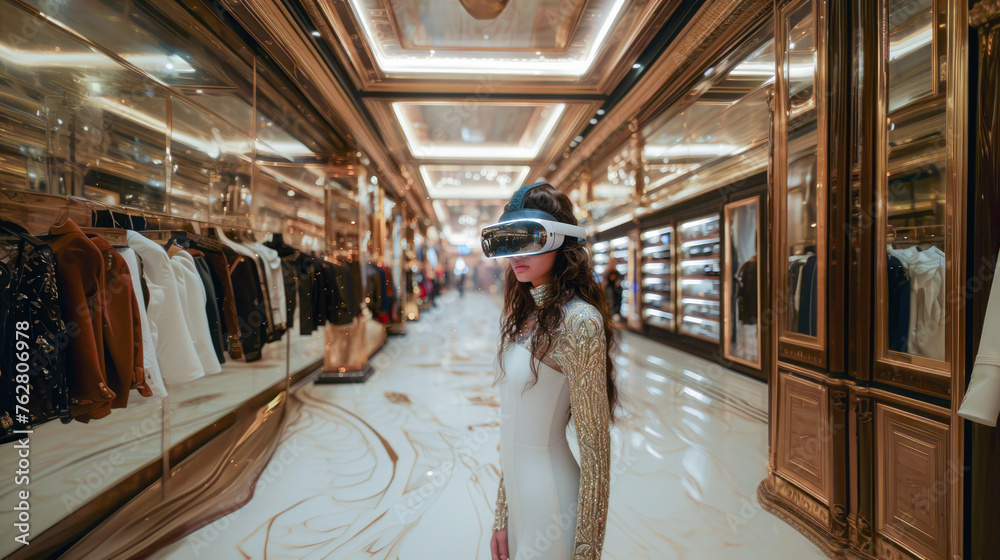 Beautiful woman in shopping mall with trendy virtual reality glasses, portrait. Online shopping, choosing a dress. Futuristic world of virtual reality and technology. generative ai