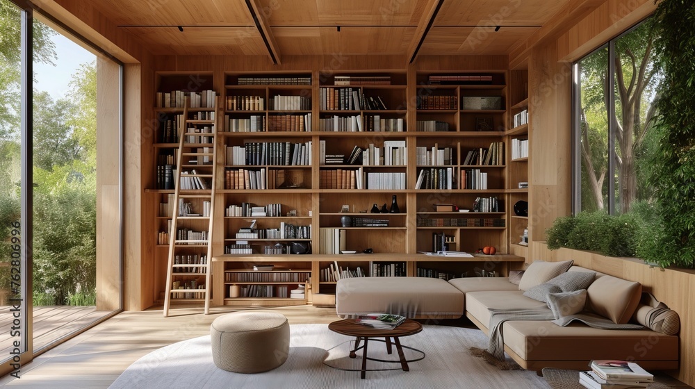 Japandi home library with built-in bookshelves, sliding ladders, and a cozy reading corner



