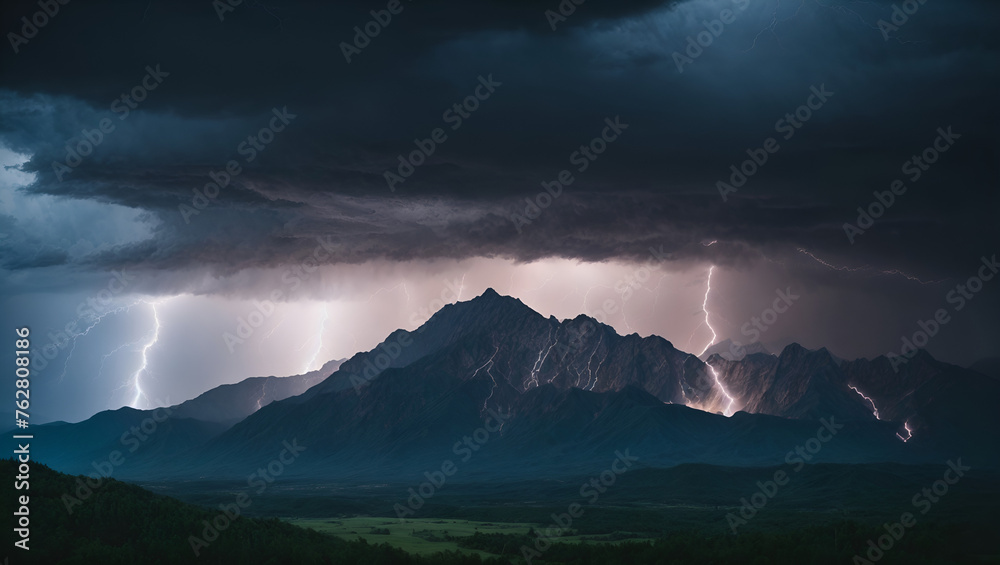 Dramatic Lightning Storm Over Mountain at Night