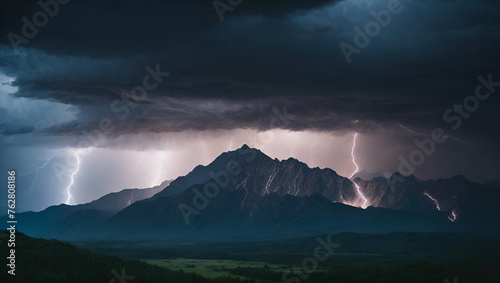 Dramatic Lightning Storm Over Mountain at Night