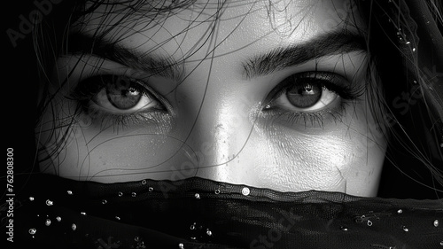 Monochromatic close-up shot of eyes of a beautiful women looking mysterious
