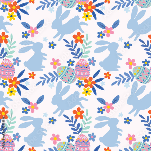 Happy Easter egg concept. Bunny with Easter egg and flowers seamless pattern for fabric textile wallpaper gift wrapping paper.