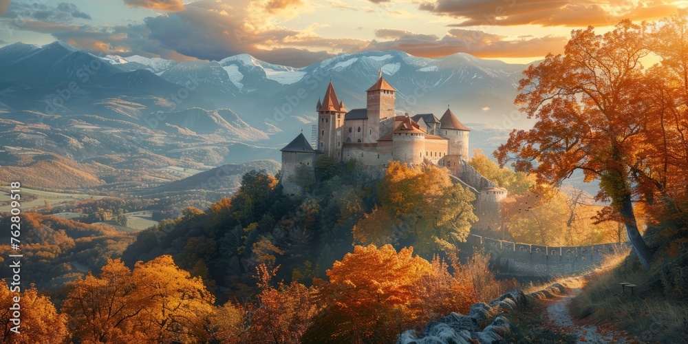 Background with the Old Gothic Castle in the hill - obrazy, fototapety, plakaty 
