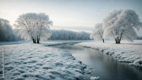 Wintry Landscape: Snowy River and Trees © ART Forge