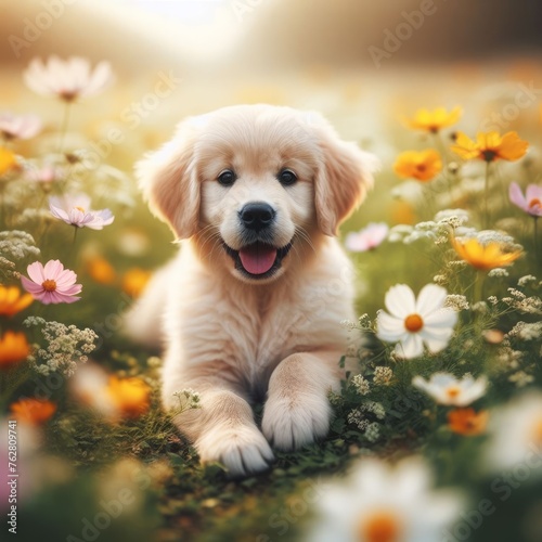 An adorable golden retriever puppy playing in a field of flowers.