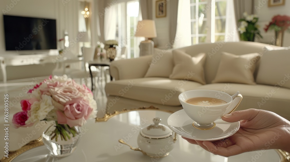 a person holding a cup of coffee in front of a coffee table with a vase of flowers on top of it.