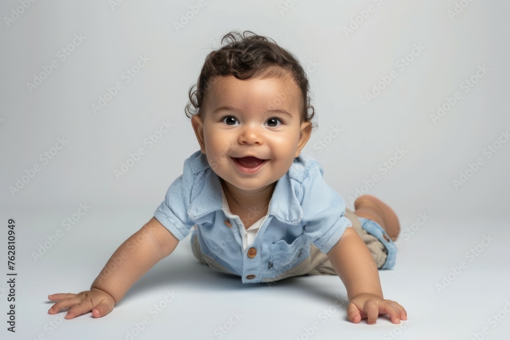 A baby is laying on its stomach and smiling A baby is laying on its stomach and smiling