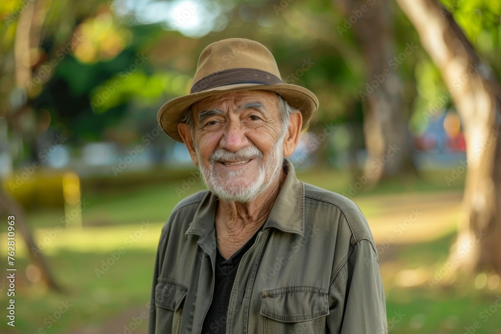 A man wearing a hat and a green shirt is smiling A man wearing a hat and a green shirt is smiling