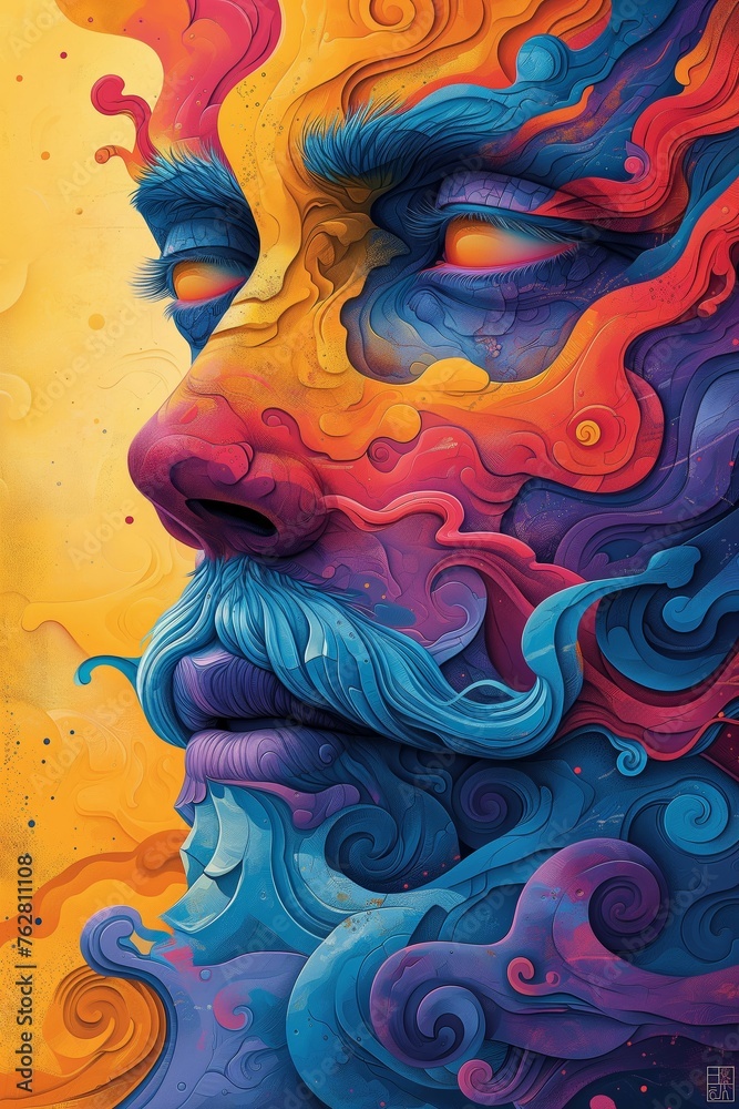 A vibrant abstract face emerges from swirling colors