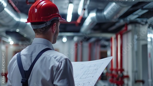 safety engineer with fire alarm system blueprint planning secure installations professional copy space