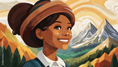 black woman smiles against beautiful view. Black Girl Illustration. Black History Month