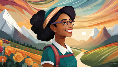 black woman in glasses smiles against beautiful view. Black Girl Illustration. Black History Month