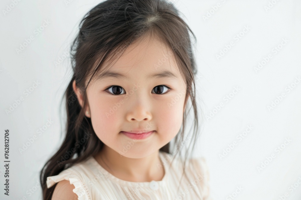 A young girl with long hair and a white dress is smiling at the camera A young girl with long hair and a white dress is smiling at the camera