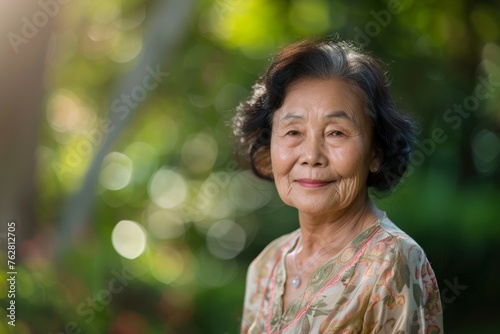 A woman with a smile on her face is wearing a floral dress