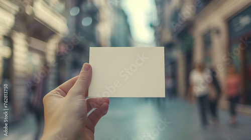 A hand, holding a blank white card with a blurred background of a bustling urban street, where people are casually walking and shops line the sidewalk, captured in daylight - Generative AI © chris3d