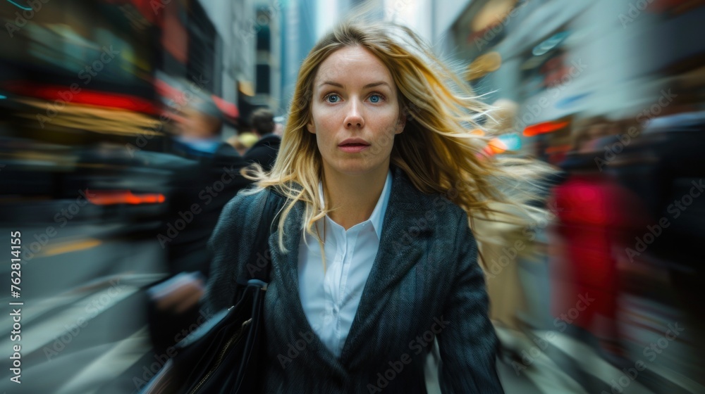 Morning rush: Confident businesswoman in hurry with business people blurred in background. Blonde businesswoman wearing suit and bag on shoulder
