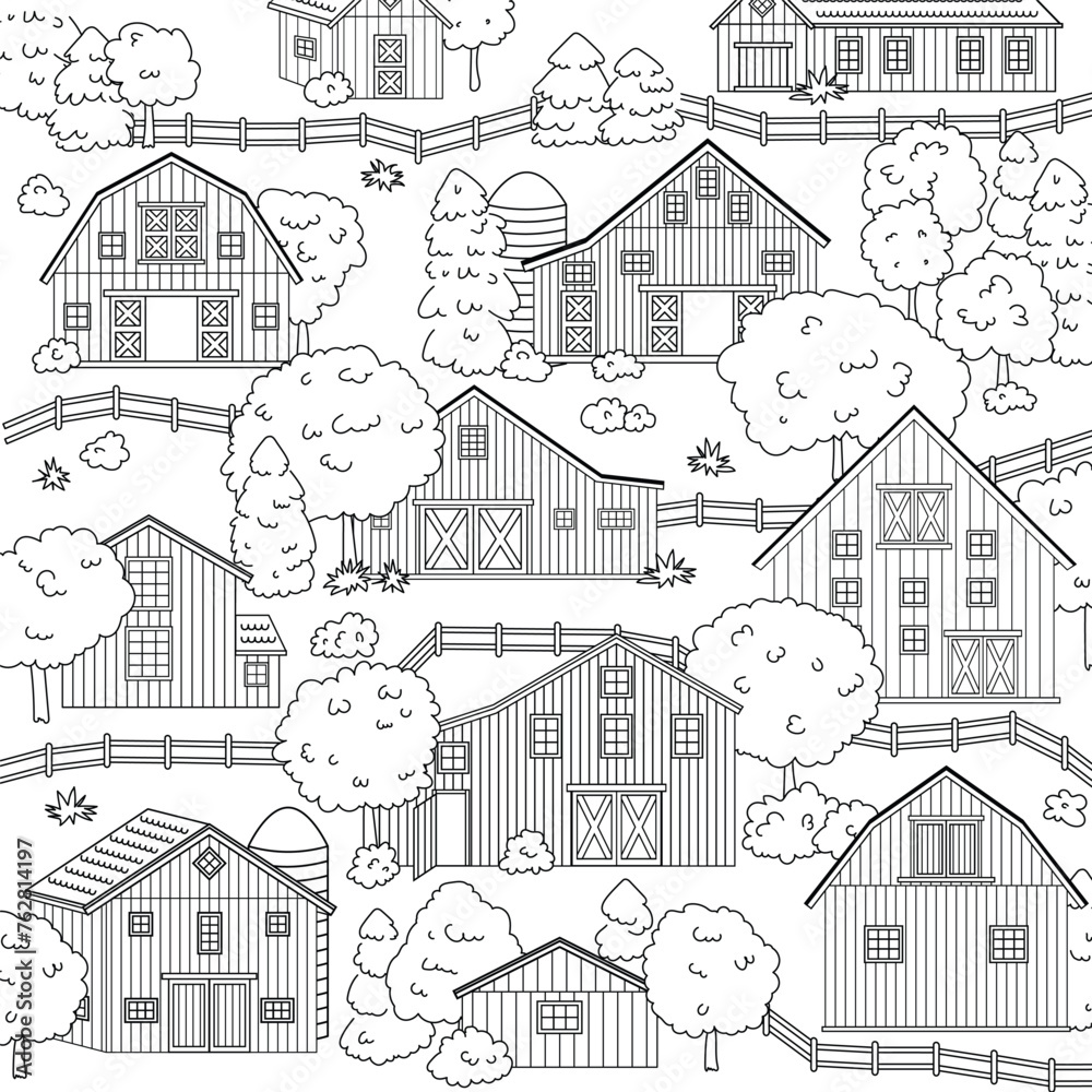 Big set of black white red wooden barns in countryside. Landscape scene with houses, trees and fence on the white background for coloring book. Vector banner, flyer, layout
