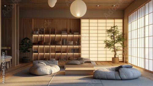 Japandi Reading Corner Reading space with Japanese shoji