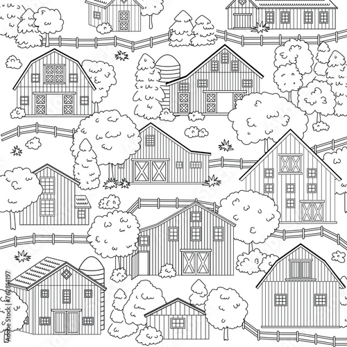 Big set of black white red wooden barns in countryside. Landscape scene with houses, trees and fence on the white background for coloring book. Vector banner, flyer, layout