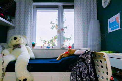 Wallpaper Mural window in a coloured teenager room  with green walls and white bead in a bright day  Torontodigital.ca