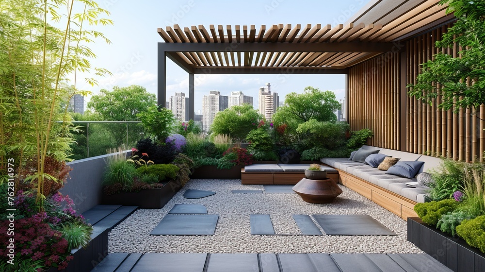 Japandi rooftop garden with raised planters, bamboo fencing, and lounge seating


