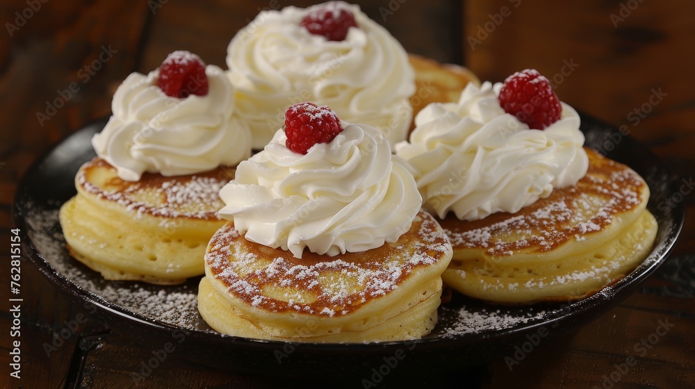 a close up of a plate of pancakes with whipped cream and raspberries on top on a wooden table. a close up of a plate of pancakes with whipped cream and raspberries on top on a wooden table.