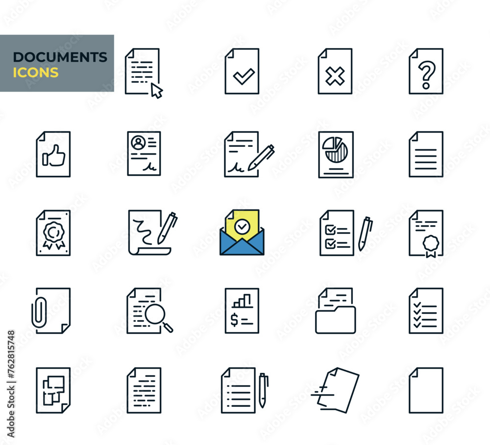 Document web icons in line style. Certificate, clipboard, archive, approved, invoice, collection. Vector illustration Document web icons in line style. Certificate, clipboard, archive, approved, invoice, collection. Vector illustration