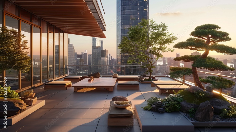 Naklejka premium Japandi rooftop lounge with modular seating, bonsai trees, and panoramic city views