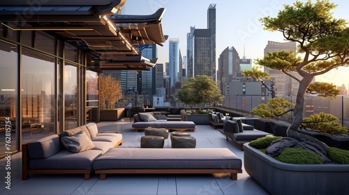 Japandi rooftop lounge with modular seating, bonsai trees, and panoramic city views