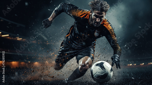 Soccer players in action on the sunset stadium background panorama © Vasiliy