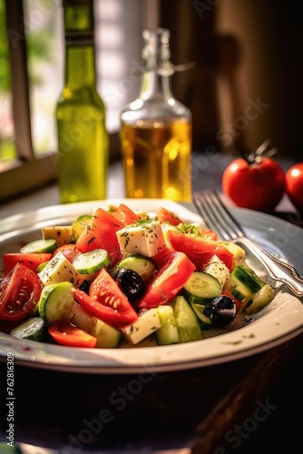 Delicious Greek salad with fresh vegetables and feta in plate. salads.