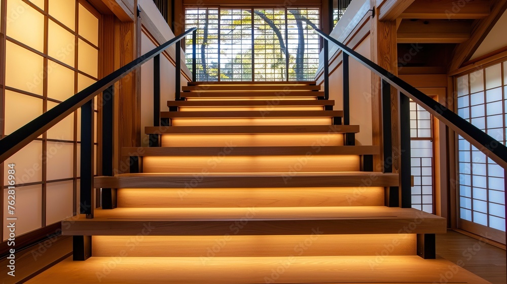 Japandi staircase with wooden steps, black handrails, and shoji screen accents Japandi staircase with wooden steps, black handrails, and shoji screen accents