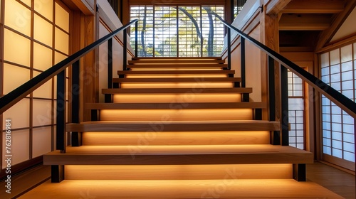 Japandi staircase with wooden steps  black handrails  and shoji screen accents