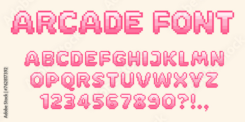 Pixel video game font. 8-bit symbols. Isolated Vector Letters And Numbers. Oldschool retro nostalgic typeface. photo