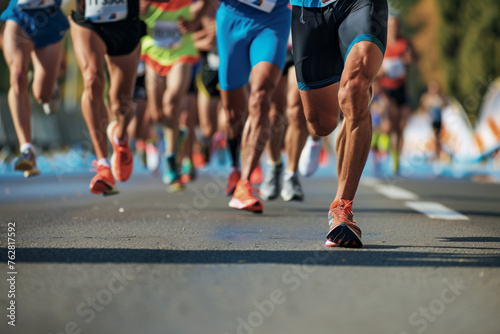 Athletes wearing footwear and active shorts running marathon on asphalt road © Mkorobsky